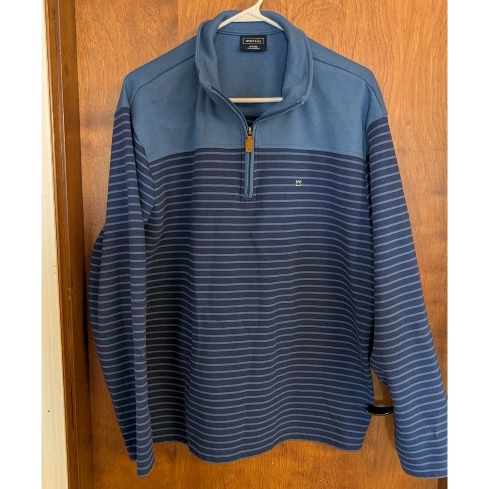 Crown & Ivy Quarter-Zip Men's Sweater XXL Blue Stripe Logo Preppy Collared